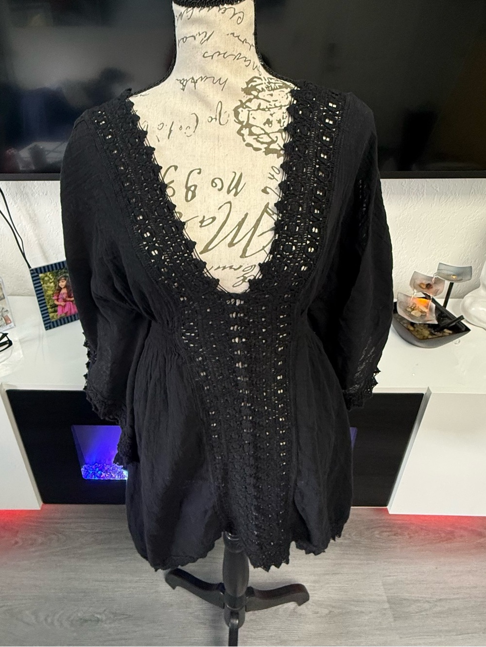 BLANCO 100% Cotton Boho Black Kimono Sleeve Tunic Dress Lace Accent Small - Picture 9 of 16